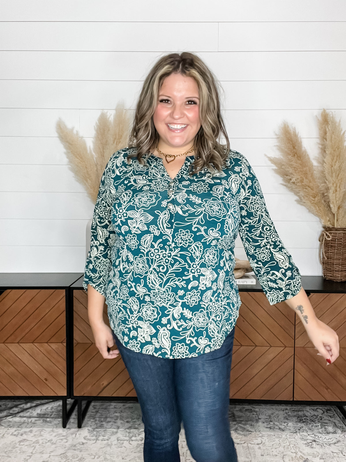 Dear Scarlett "Wilderness" 3/4 Sleeve Button Front Lizzy Luxe