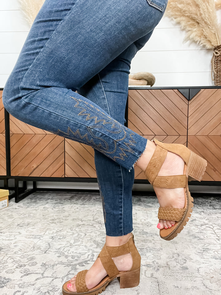 "Vana" Faux Suede Sandal By Very G with Laser Cut Rose Detail (Tan)