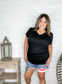 "Just The Beginning Chapter Two" Solid Tulip Sleeve V Neck (Black)