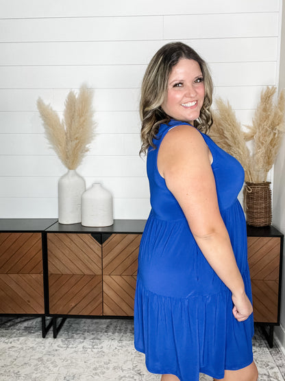 "Amos" Sleeveless Split Neck Tiered Dress (Royal Blue)