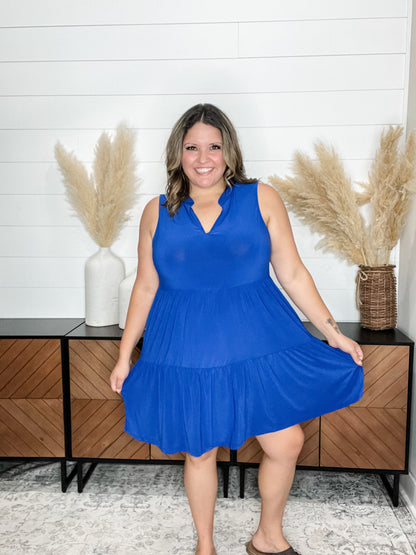 "Amos" Sleeveless Split Neck Tiered Dress (Royal Blue)