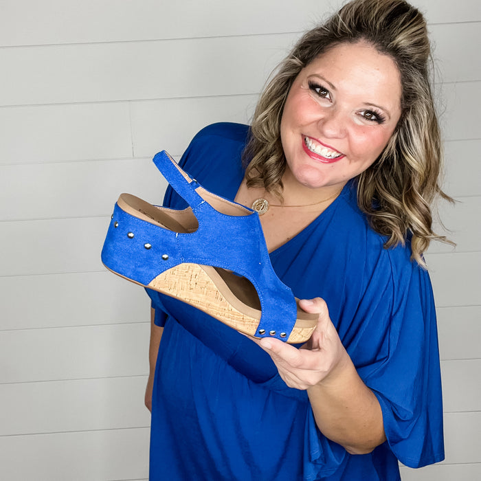"Carley" Wedge Sandal By Corkys (Electric Blue Faux Suede)