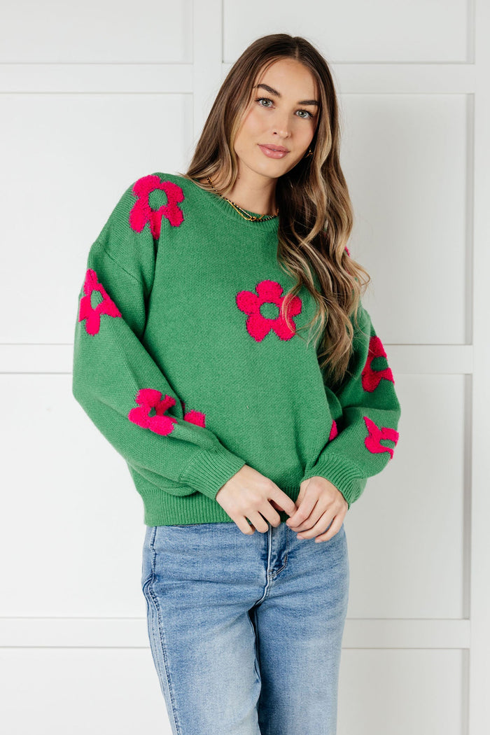 BiBi "Seasons Come" tufted floral sweater, front view | Lola Monroe Boutique