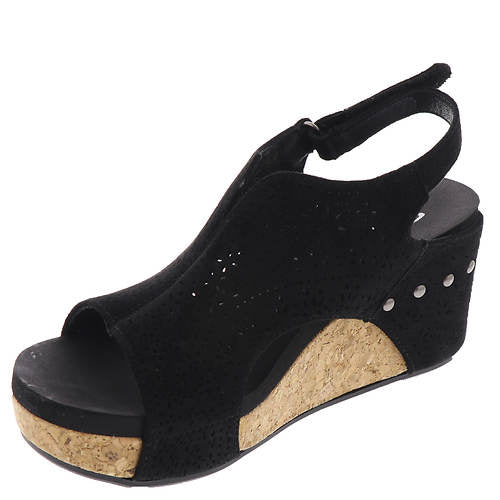 "Free Fly" By Very G Faux Suede Cork Wedge Sandal (Black)