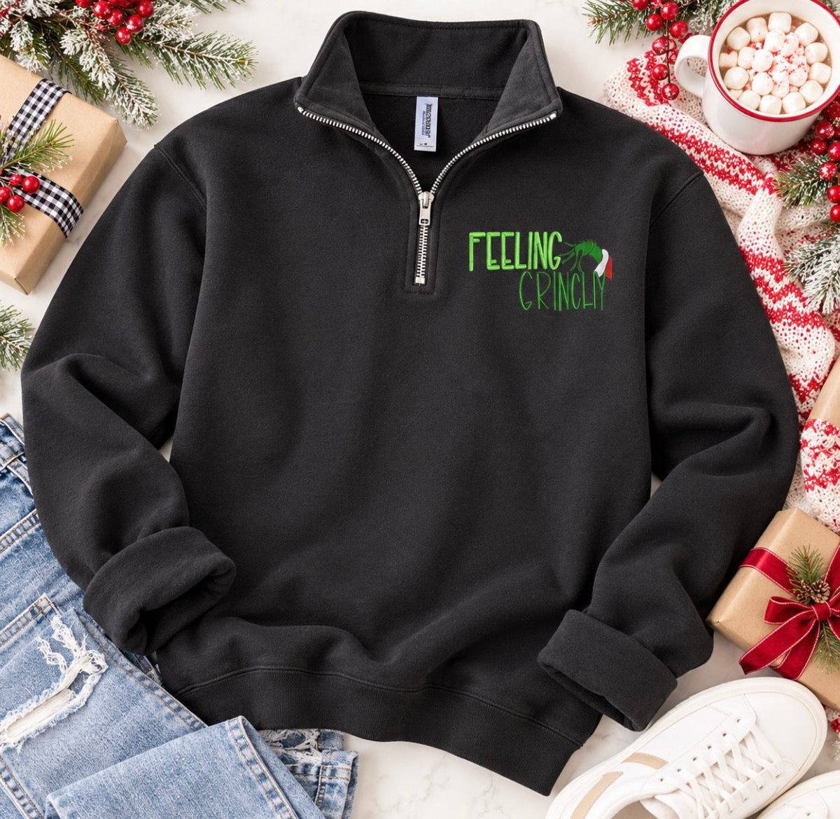 JOCOink Feeling Grinchy embroidered quarter zip on charcoal | Lola Monroe Boutique