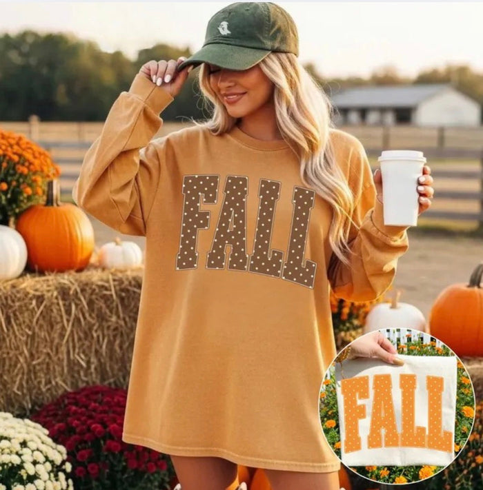 JOCOink Long sleeve fall dots - Comfort colors mustard tee with DTF printed fall with brown and white | Lola Monroe Boutique
