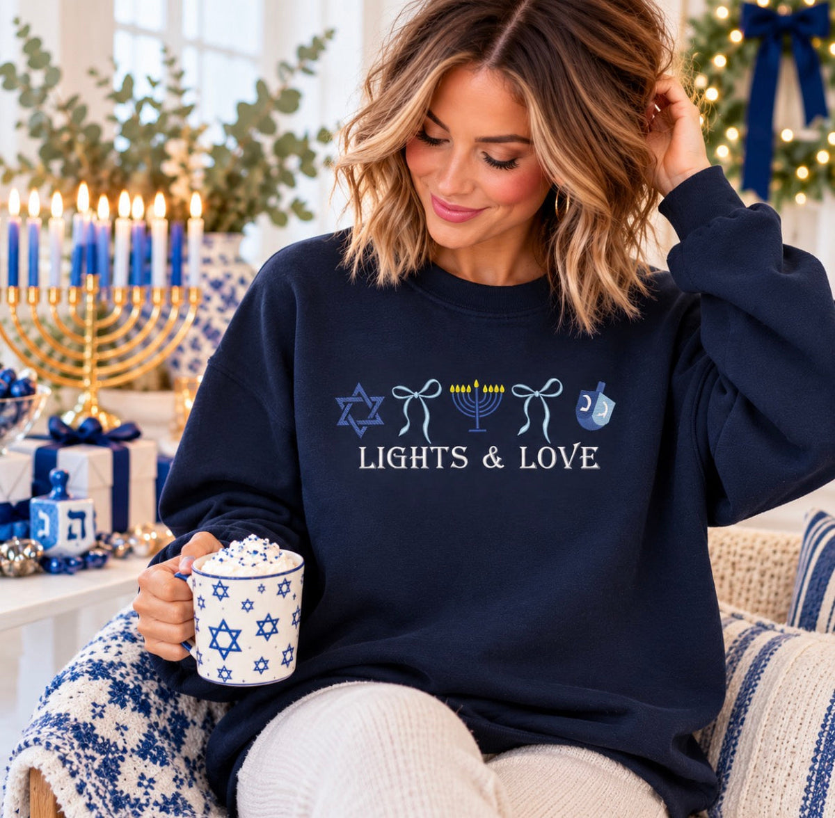 JOCOink Lights and love embroidered sweatshirt, navy gildan unisex | Lola Monroe Boutique