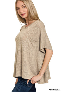 "Ponder" Oversized Hacci Tee with Chest Pocket (Ash Mocha)