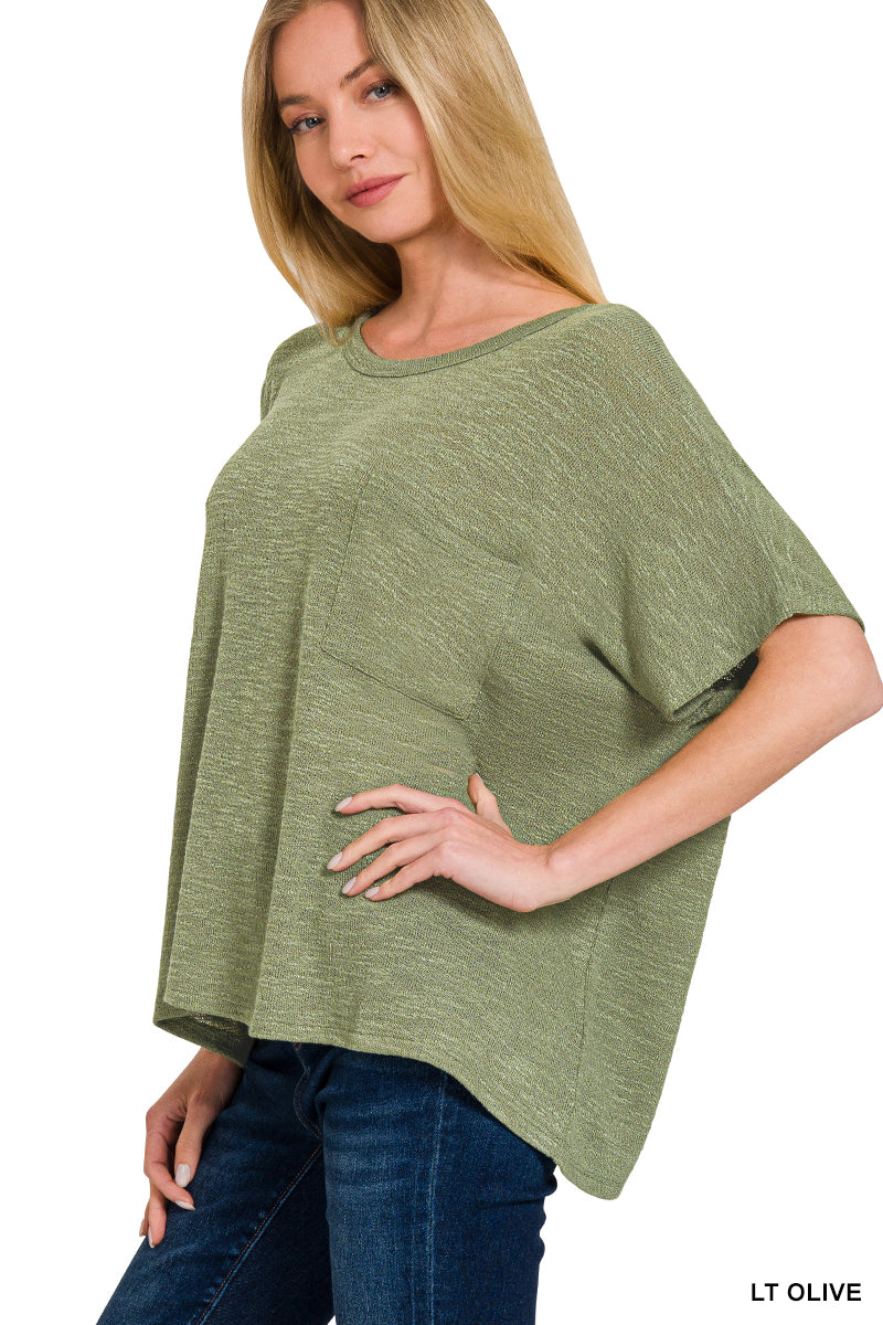 "Ponder" Oversized Hacci Tee with Chest Pocket (Light Olive)