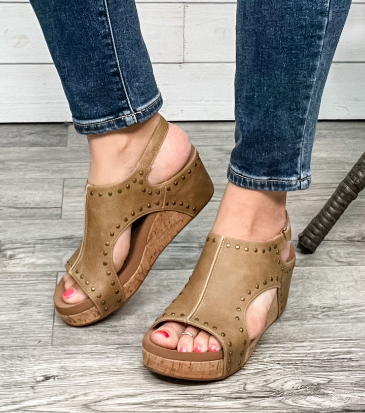 Corkys "Carley" Wedge Sandal  (Taupe Oil Studs)