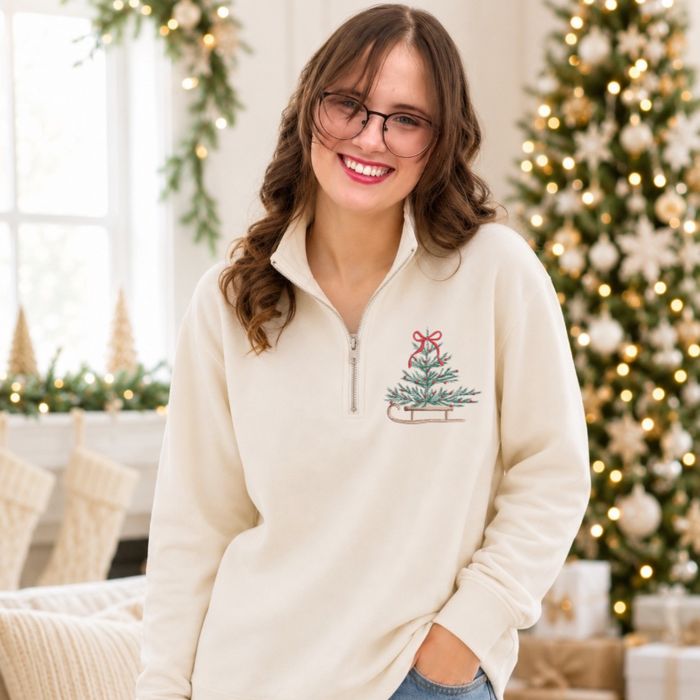 JOCOink Embroidered sled and tree - Embroidered on unisex independent quarter zip on bone/cream | Lola Monroe Boutique