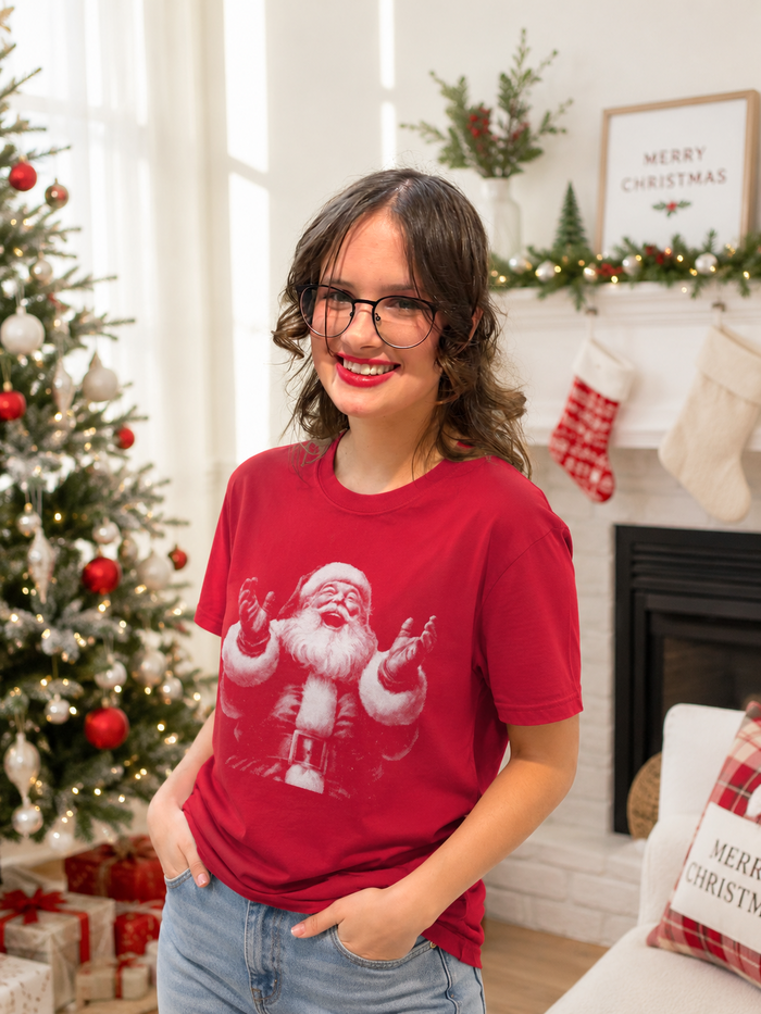 JOCOink Happy Santa - DTF printed on tultex red tee | Lola Monroe Boutique