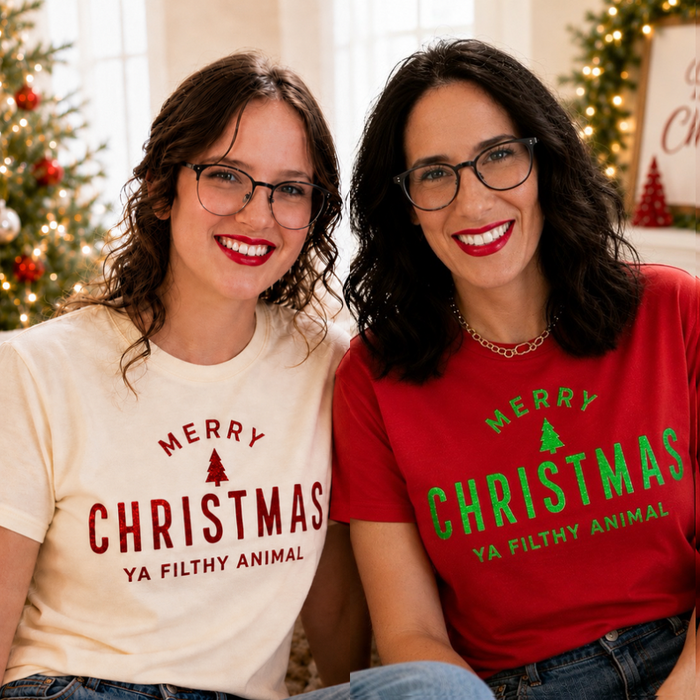 JOCOink Merry Christmas ya filthy animal - Metallic ink printed on comfort colors ivory tee | Lola Monroe Boutique