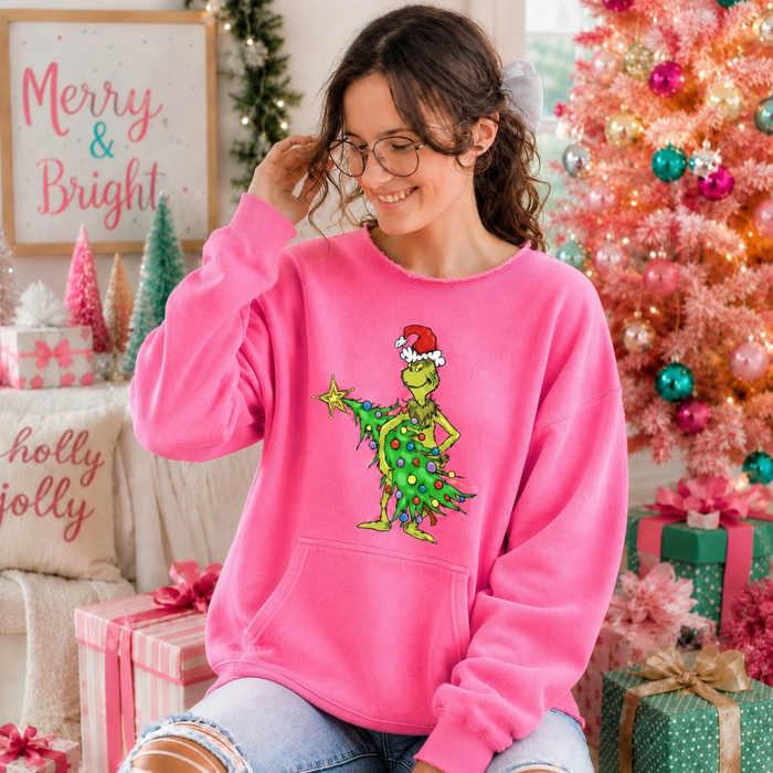 JOCOink Stealing Christmas - dtf printed on gildan safety pink sweatshirt with kangaroo front pocket | Lola Monroe Boutique