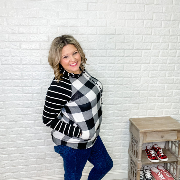 "Crystal" Light Weight Hoodie with Stripe Sleeve (Black & White Plaid)