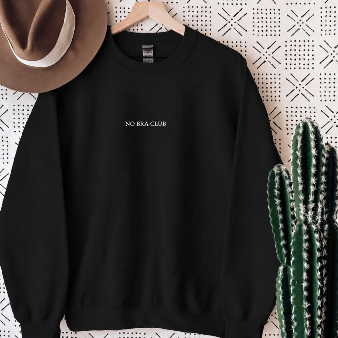 JOCOink NO BRA CLUB embroidered sweatshirt embroidered black sweatshirt with white thread (detail) | Lola Monroe Boutique