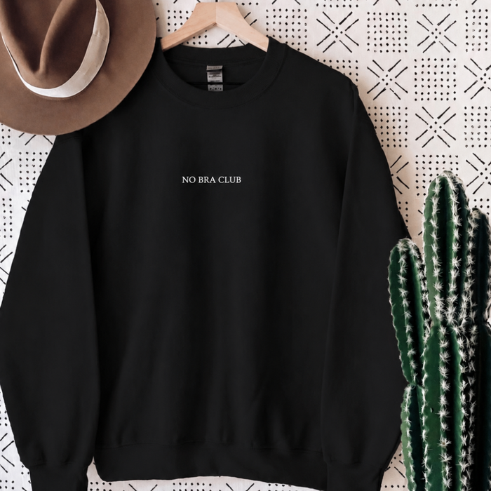 JOCOink NO BRA CLUB embroidered sweatshirt embroidered black sweatshirt with white thread (detail) | Lola Monroe Boutique