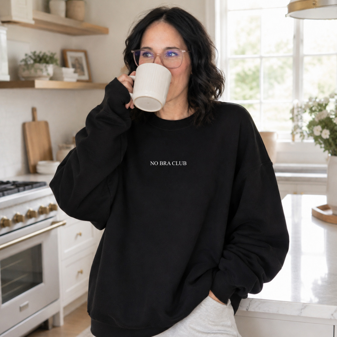 JOCOink NO BRA CLUB embroidered sweatshirt embroidered black sweatshirt with white thread | Lola Monroe Boutique