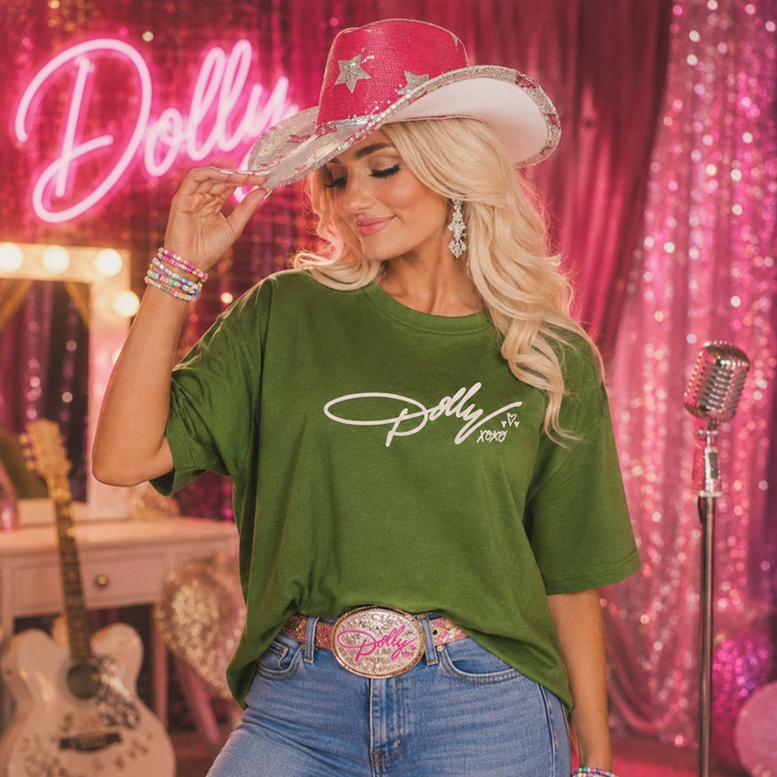 JOCOink Dolly xoxo DTF graphic on moss green tee with cream ink | Lola Monroe Boutique