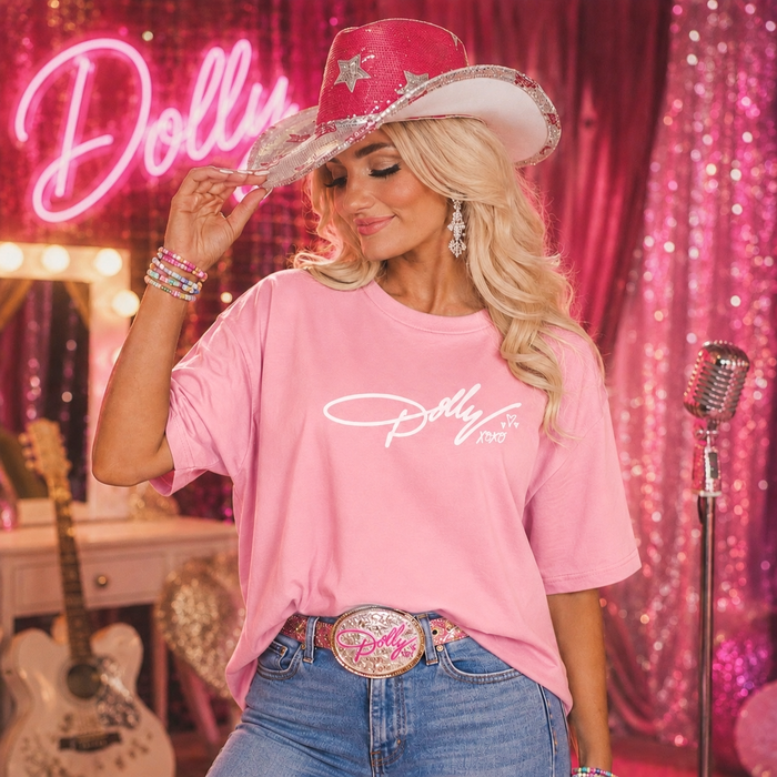JOCOink Dolly xoxo DTF graphic on blossom pink tee with white ink | Lola Monroe Boutique
