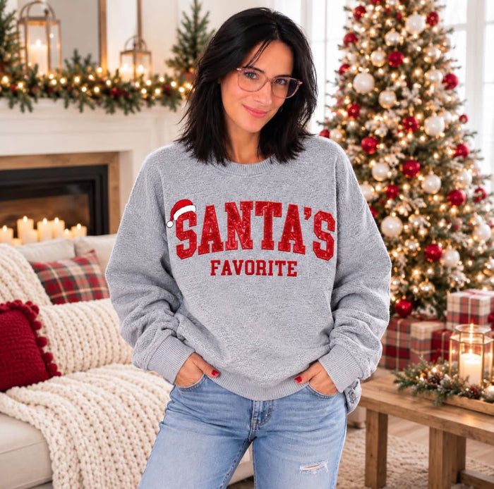 JOCOink Santa's Favorite embroidered sweatshirt, red glitter appliqué on grey | Lola Monroe Boutique