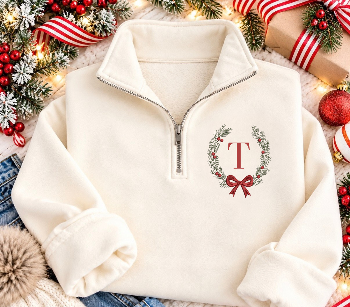 JOCOink Wreath Initial embroidered quarter zip, unisex cream | Lola Monroe Boutique