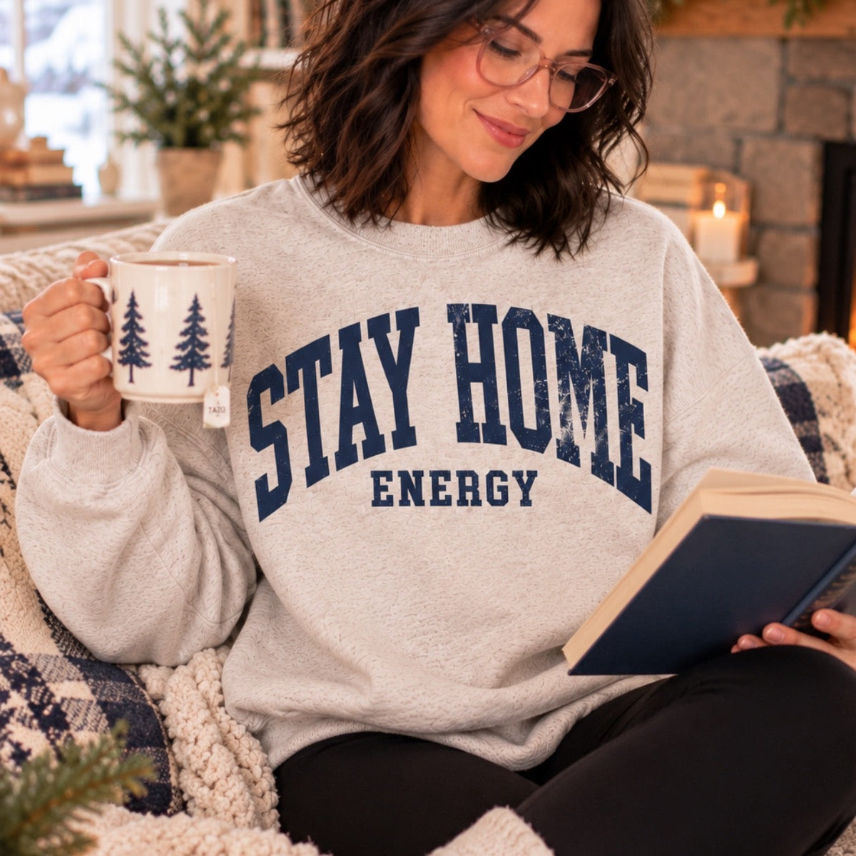 JOCOink Stay home energy DTF graphic sweatshirt in heather oatmeal | Lola Monroe Boutique