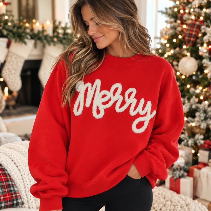 JOCOink Merry yarn embroidered sweatshirt, red gildan | Lola Monroe Boutique