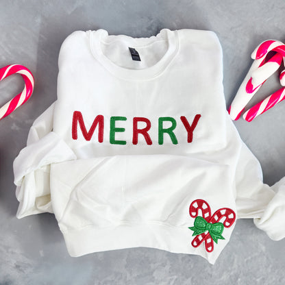 Merry bold chain stitch with front candy cane bow