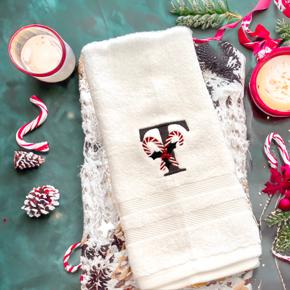 Embroidered initial candy cane hand towels