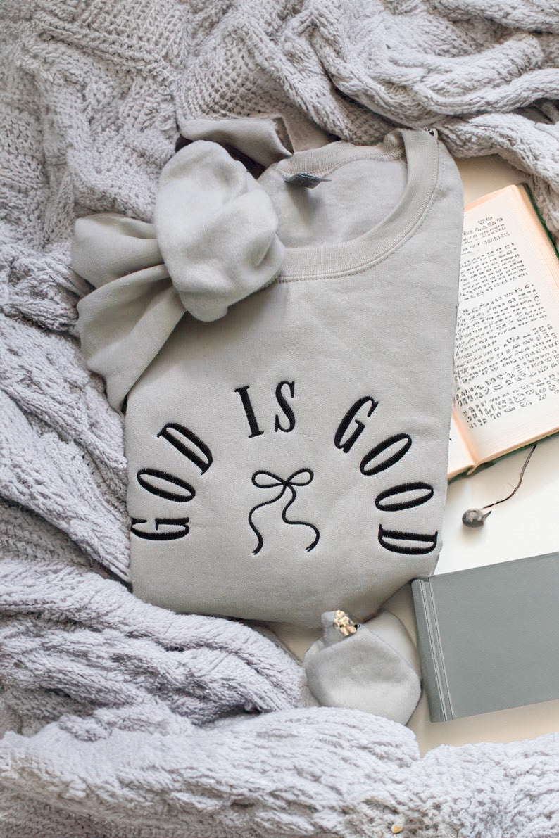 JOCOink God is good with bow embroidered sweatshirt, sand, fleece | Lola Monroe Boutique