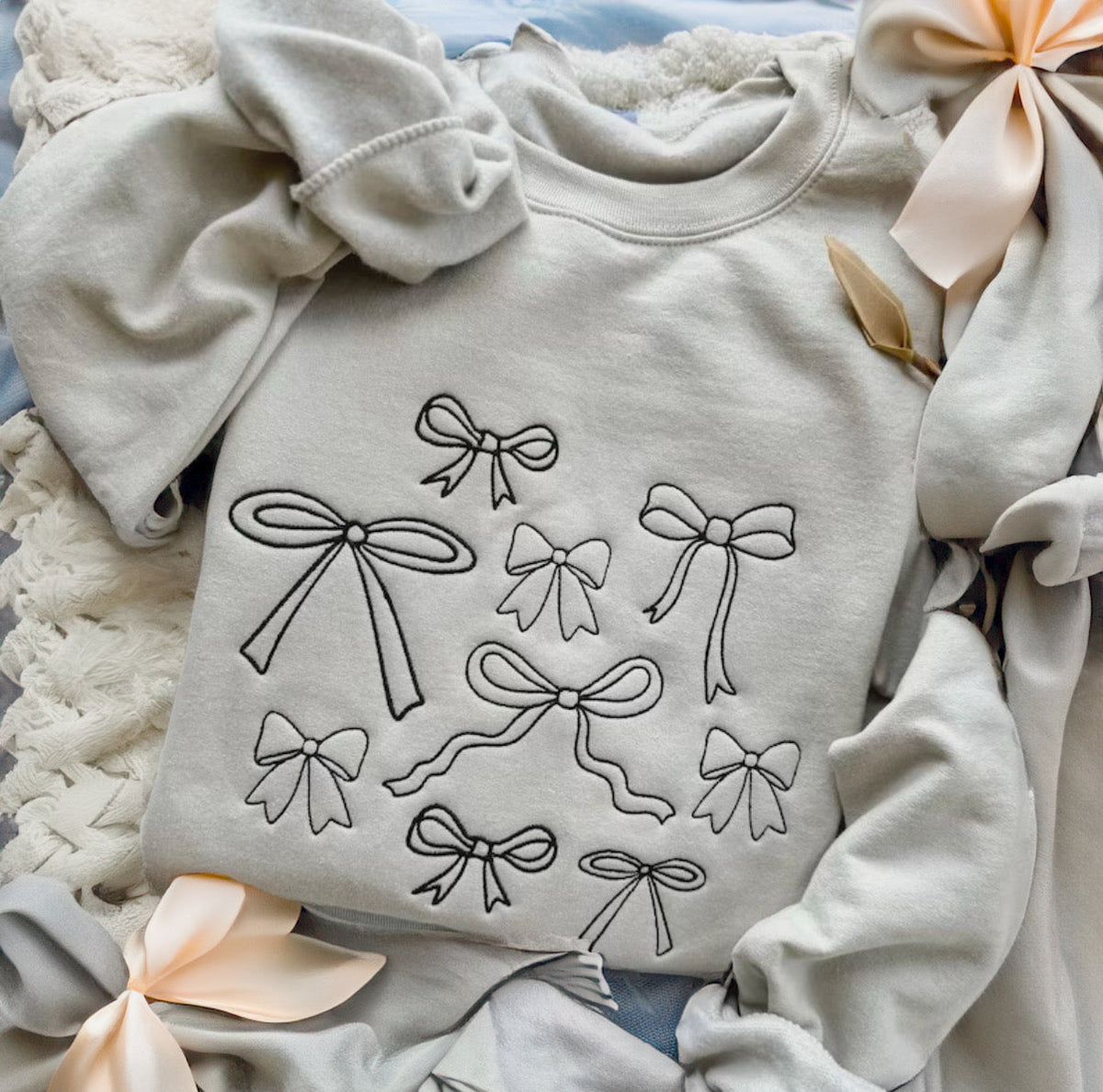 JOCOink Bow collage embroidered sweatshirt, sand, fleece | Lola Monroe Boutique
