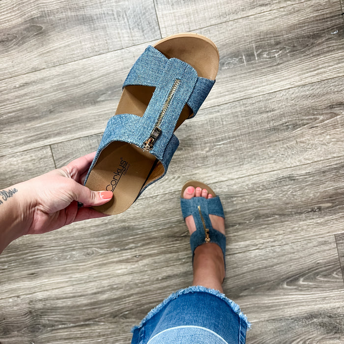 "Taboo" Wedge Slip On Sandal with Zipper Detail (Blue Denim)
