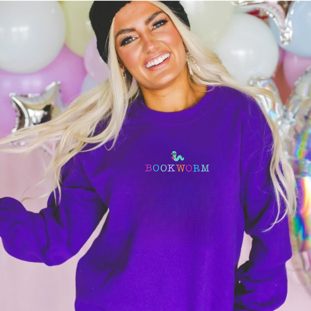 JOCOink Bookworm embroidered sweatshirt, purple, gildan | Lola Monroe Boutique