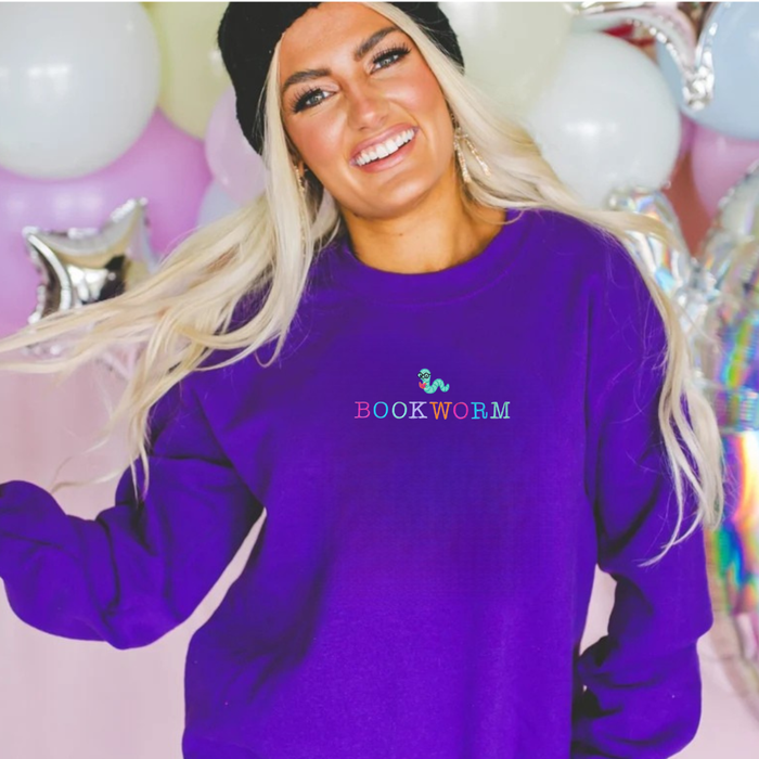 JOCOink Bookworm embroidered sweatshirt, purple, gildan | Lola Monroe Boutique