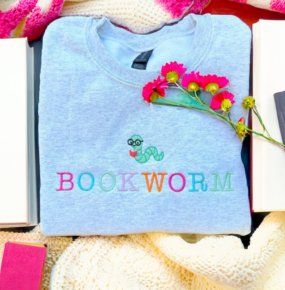 JOCOink Bookworm embroidered sweatshirt, ash grey, purple | Lola Monroe Boutique