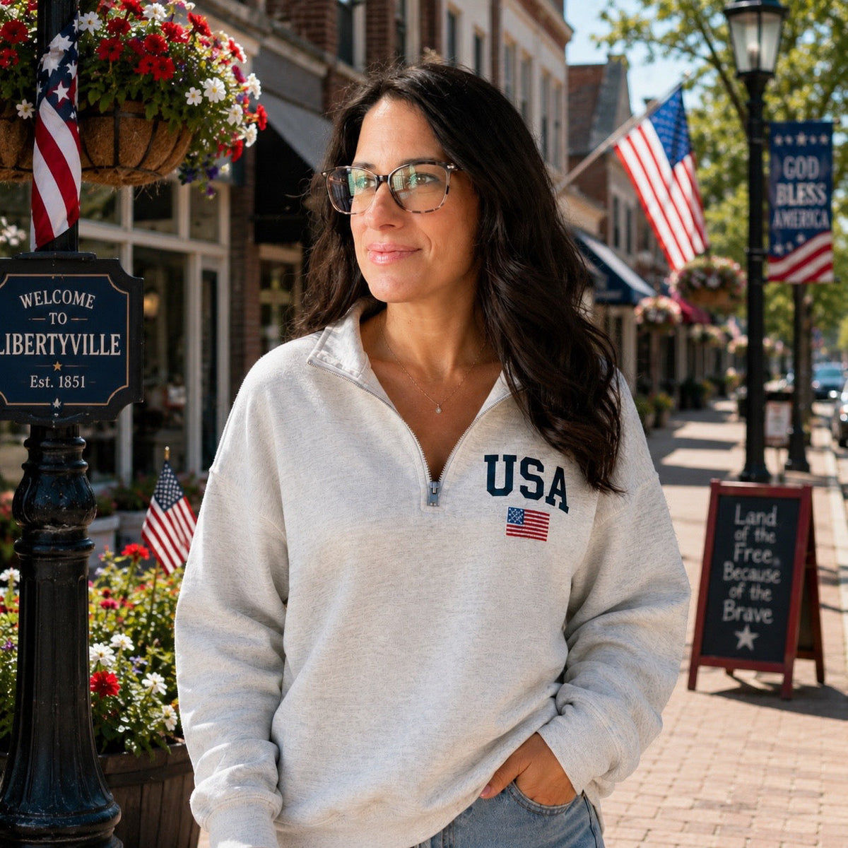 JOCOink USA with flag quarter zip - Embroidered on independent brand quarter zips in ash grey | Lola Monroe Boutique