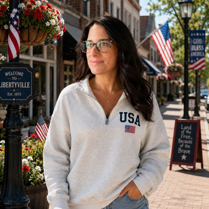 JOCOink USA with flag quarter zip - Embroidered on independent brand quarter zips in ash grey | Lola Monroe Boutique