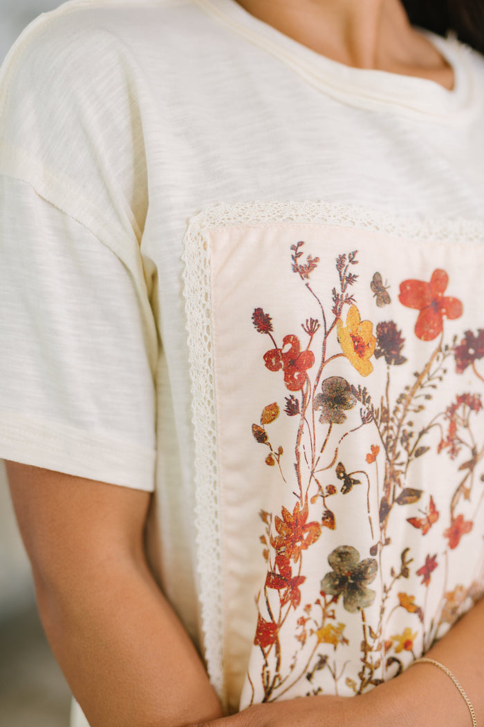 Haptics "Piercing" Floral Applique Short Sleeve Top