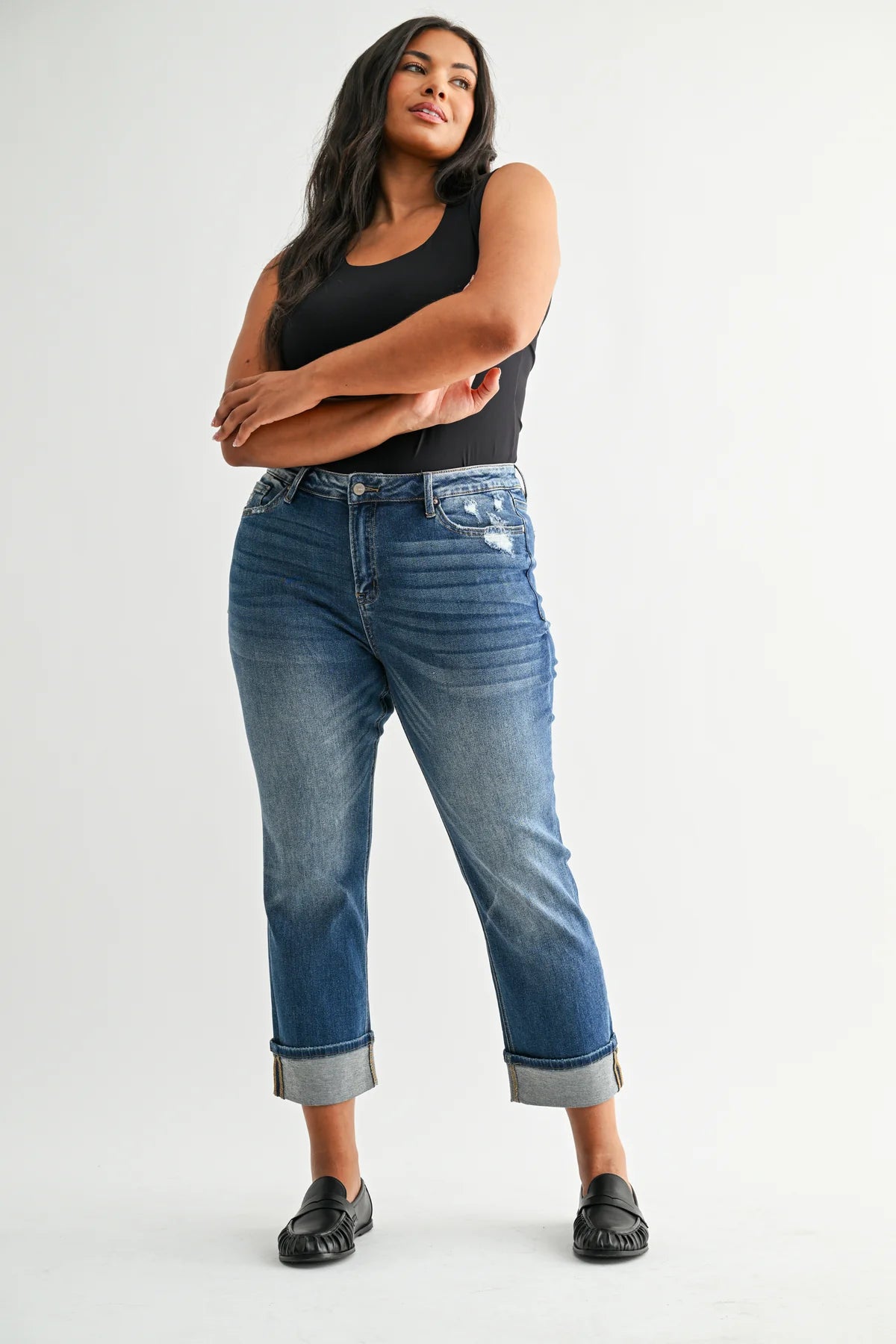 Mica Denim "Jerry" Medium Wash Straight Leg Cuffed Jeans