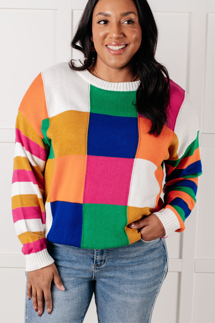 One Eleven North "Yes Please" checkered color block sweater, front view | Lola Monroe Boutique