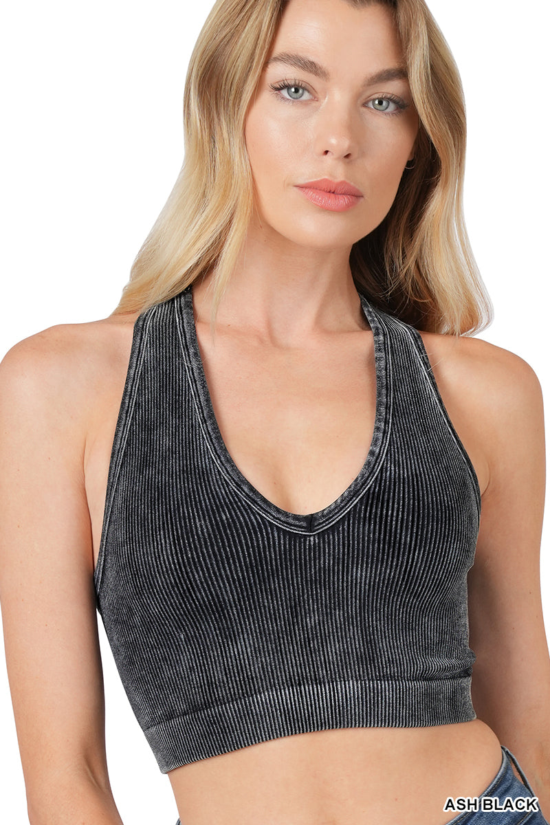Mineral Wash Ribbed Cropped Racerback Bralette Tank (Multiple Colors)