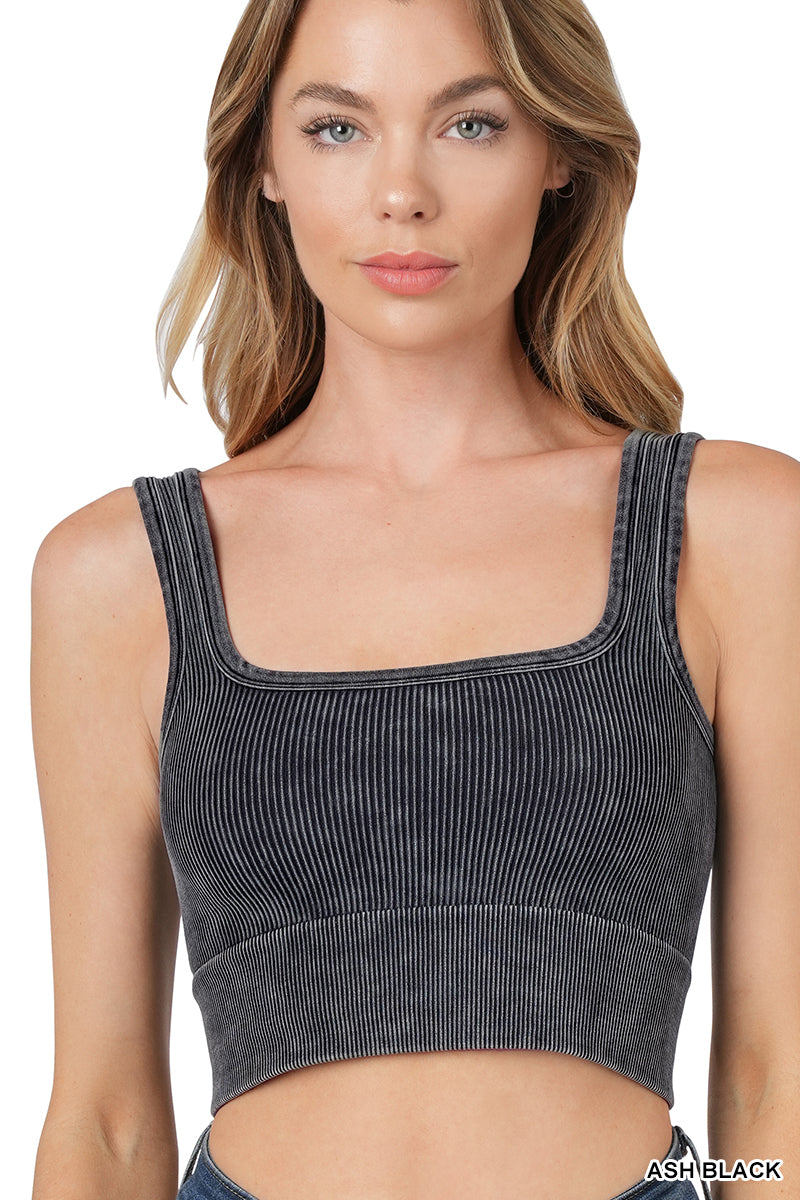 "I'm With The Band" Mineral Wash Ribbed Square Neck Cropped Bralette Tank (Multiple Colors)