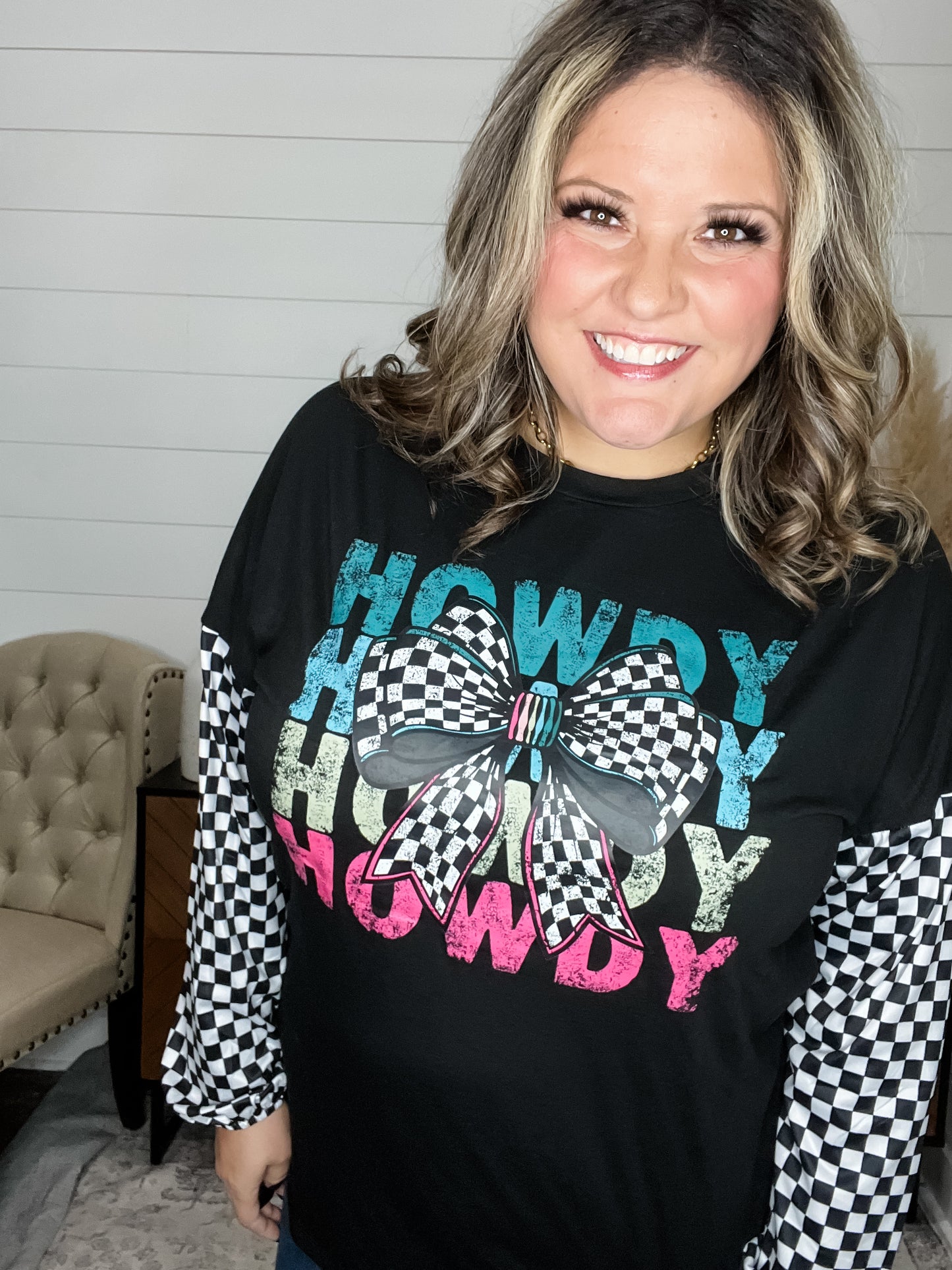 "Howdy" Checkered Long Sleeve