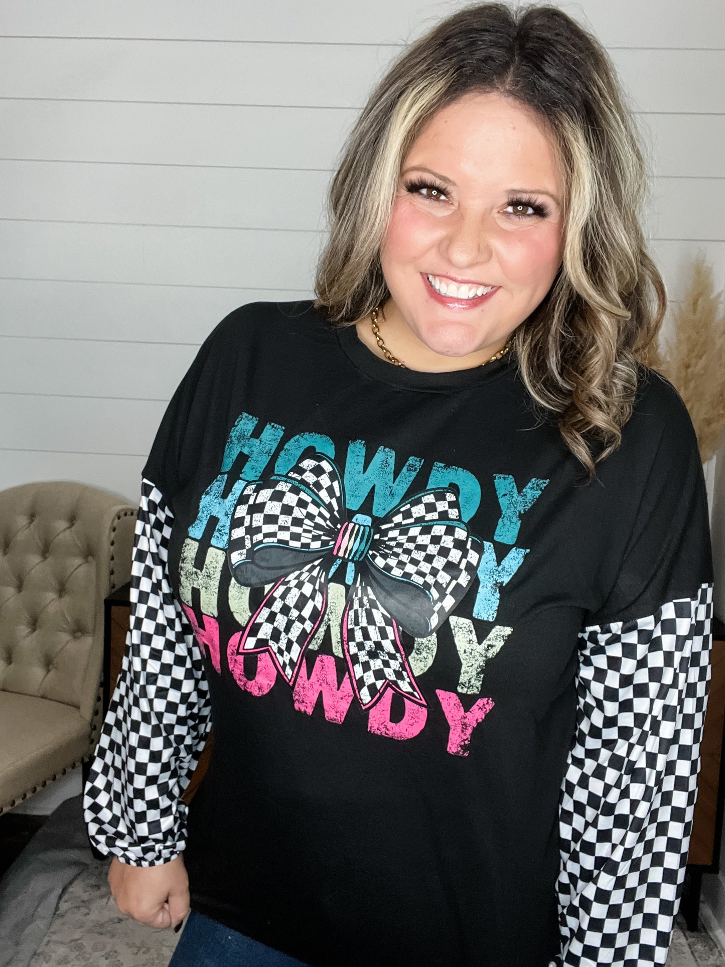 "Howdy" Checkered Long Sleeve