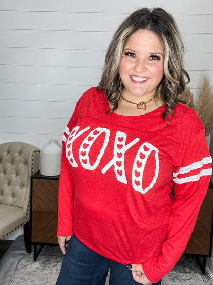 "XOXO" Varsity Long Sleeve with Sequin Detail