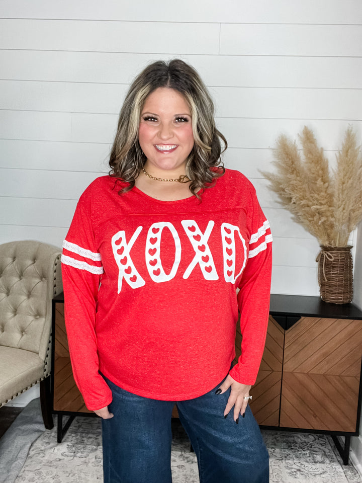 "XOXO" Varsity Long Sleeve with Sequin Detail