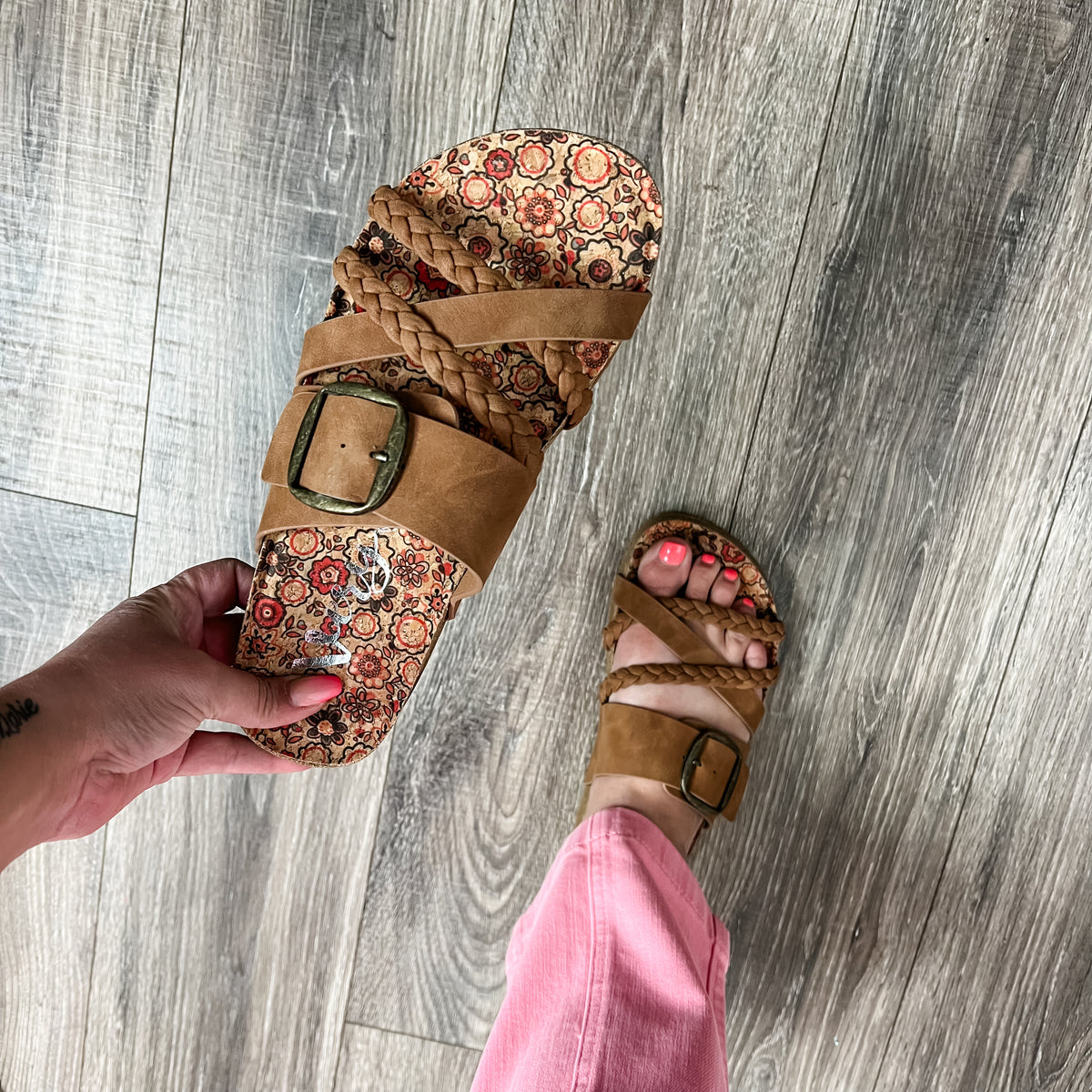 "Nora 2" Cork Bottom Sandal with Buckle and Braid Detail By Very G (Tan)