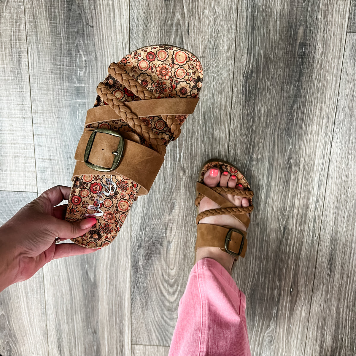"Nora 2" Cork Bottom Sandal with Buckle and Braid Detail By Very G (Tan)