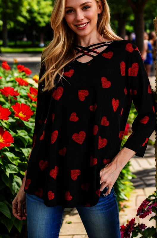 "Gal Pal" Long Sleeve Criss Cross Front Heart Pattern